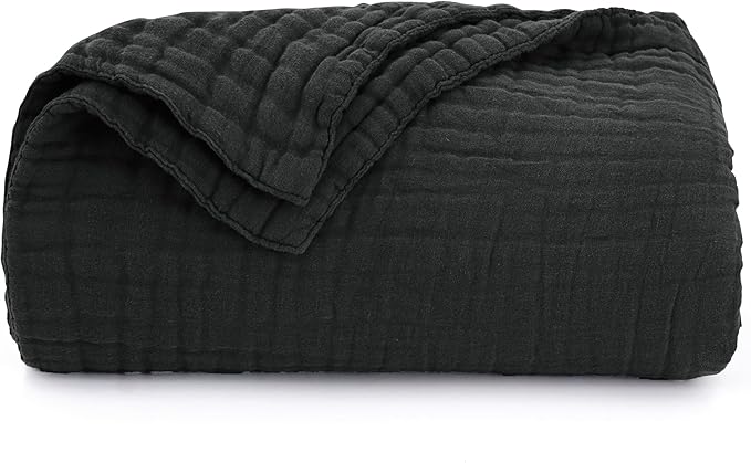 Love's cabin 6 Layer 100% Cotton Muslin Blanket, 90"x90" Muslin Blanket Queen for Couch Bed, Lightweight and Breathable Cotton Gauze for Adult, Black