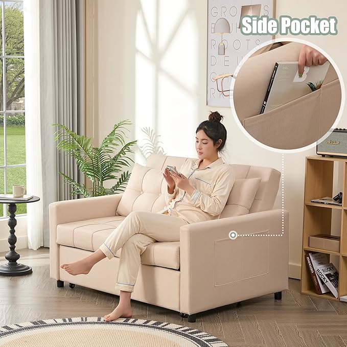 52" Sleeper Sofa with Pull-Out Bed, 3-in-1 Convertible Sofa Bed, Loveseat with Stepless Adjustable Backrest and Side Pocket, for Living Room Dorm Apartment, Linen, Beige