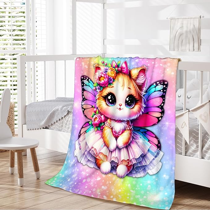 Girls Cat Blanket, Throw for Toddler Kids Daughter Cat Lovers 30x40 Inches Soft Cozy Rainbow Print Throw Blankets for Sofa Couch Bed Travel Cute Birthday Gift