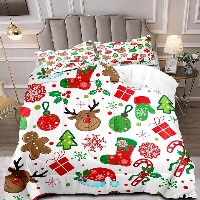 LUVIVIHOME 3PCS Christmas Comforter Set Full Size, Boys Girls Kids Bedding, Cute Reindeer Snowflake Gingerbread Candy Cane Snowflake Holiday Christmas Bedding, Green Red White Quilt, 2 Pillow Shams