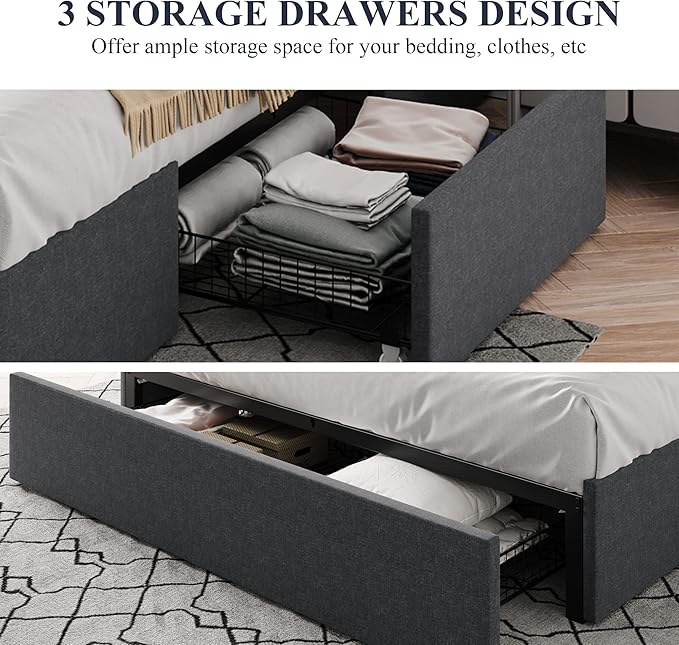 Allewie Full Size Platform Bed Frame with 3 Storage Drawers, Fabric Upholstered, Wooden Slats Support, No Box Spring Needed, Noise Free, Easy Assembly, Dark Grey