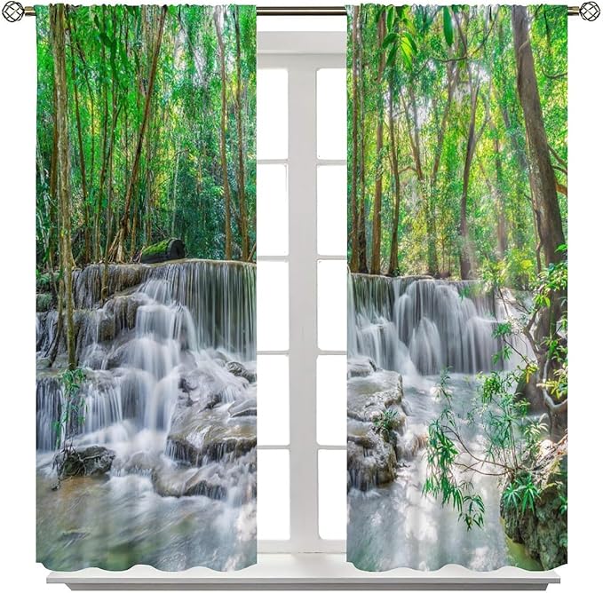 Forest Waterfall Blackout Curtains, Scene Nature Theme Mountain Stream Scenery Print Window Drapes, for Bedroom Living Room 42" W X 45" L