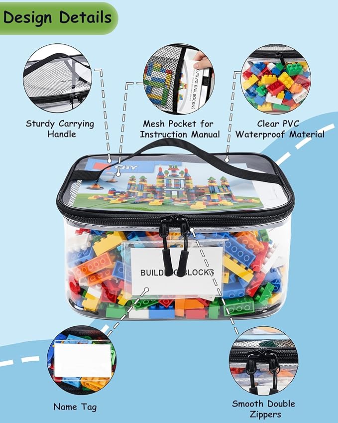 6 Pack Extra Large Clear Toy Storage Bags with Tag and Manual Pocket – Versatile Waterproof Organizer Bags for Lego Bricks, Board Games, Building Blocks, Puzzles, Dolls, Books (XX-Large Size, Black)