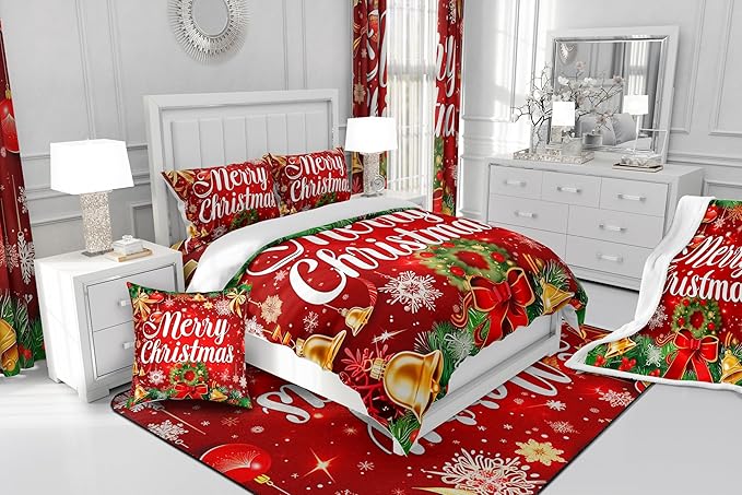 Christmas Wreath Comforter Set Twin Size,Red Bowkont Gold Bell Bedding Set for Kids Boys Girls Room Decor,Snowflake Merry Christmas Quilt Set 2Pcs,Green Leaves Xmas Theme Duvet Insert,1 Pillowcase