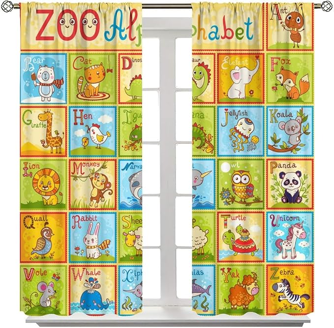 Alphabet Curtains Kids Educational Learning Tool Baby Cartoon Animals Colorful Curtain with Rod Pocket for Bedroom Living Room Decor Drapes Window Treatments 2 Panels Set 42" W X 45" L