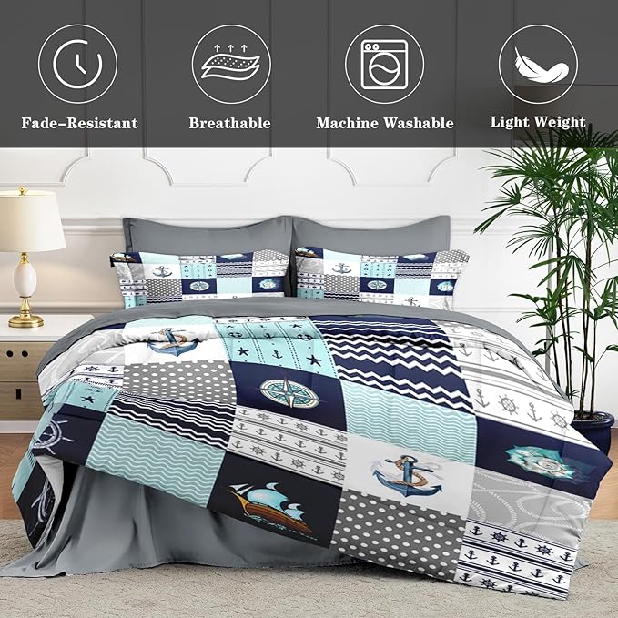 5 Pcs Twin Size Comforter Set with Pillowcase & Sham, Nautical Blue Marine Summer Bedding for Kids and Adults, Sea Ocean Boat Plaid Bed in a Bag with Flat Fitted Sheet