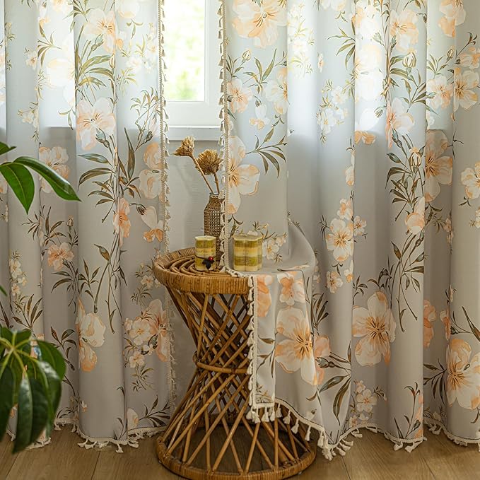 ENJOYBRIDAL Floral Curtains 63 Inch Long Living Room Bedroom Drapes Boho Dining Room Semi Sheer Short Window Curtains 2 Panels Farmhouse Cottage Core Cute Rod Pocket Window Treatments