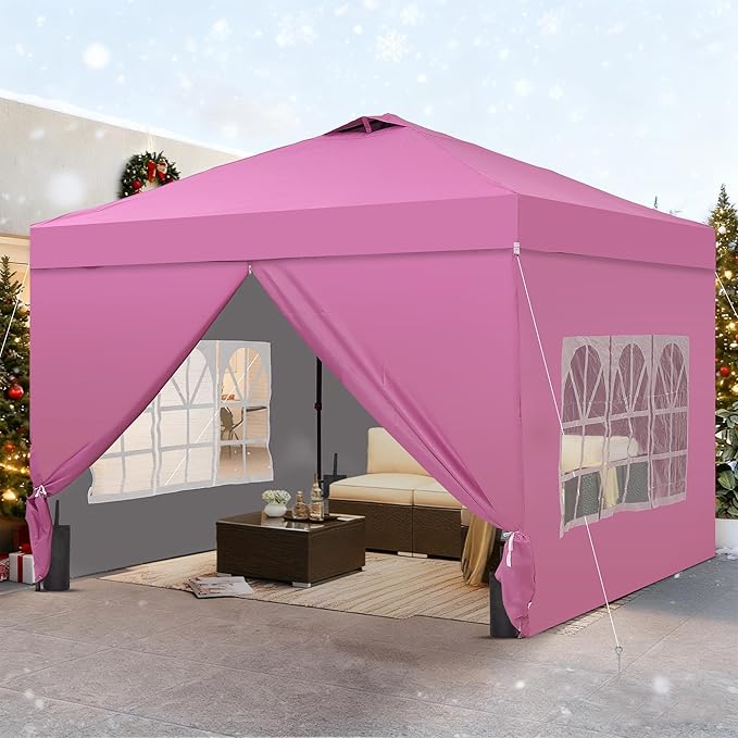 GDY 10x10 Pop Up Canopy Tent with 4 Sidewalls, Easy Set up with One Push Lift Outdoor Silver Coated Beach Gazebos, Carpas with 4 Sandbags, for Pool, Events, Parties, and Camping, Pink.