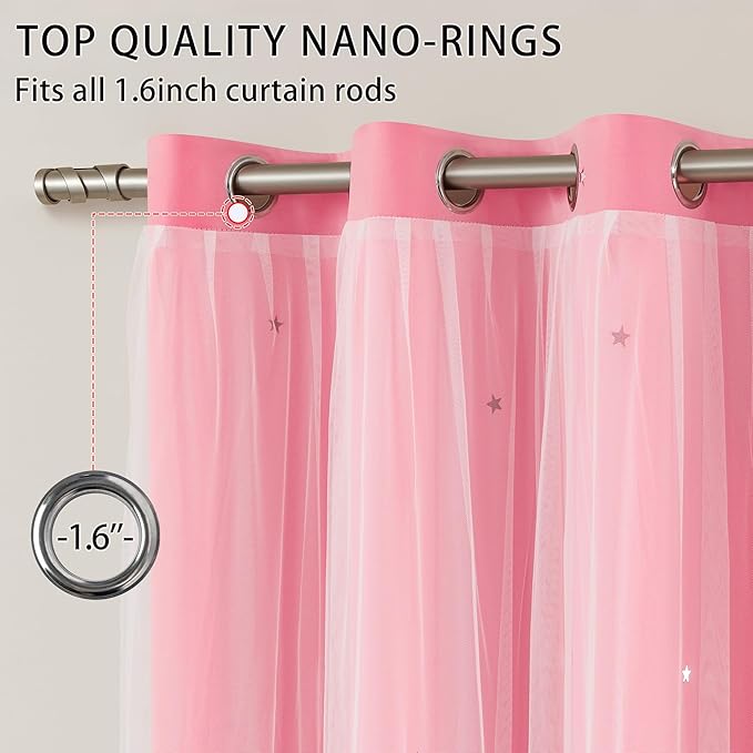 XiDi Pink Curtains for Girls Bedroom 84 Inches Long Blackout Nursery Curtains Double Layer with Sheer Overlay for Kids Toddler Princess Room Grommet Privacy Room Darkening Window Drapes 34 x 84 Inch