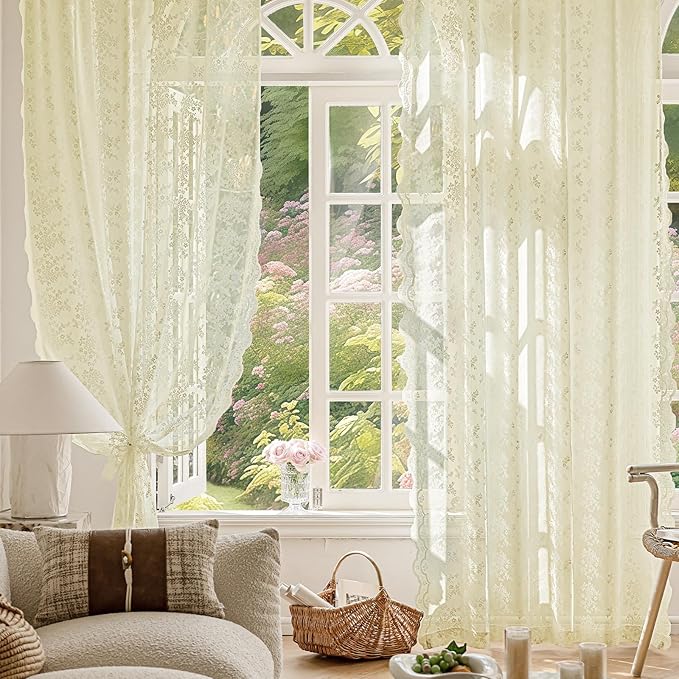 Anmao Vintage Lace Curtains 63 Inches Long 2 Panels Set, Romantic Elegant Light Filtering Semi Sheer Floral Thick Lacy Curtain Drapes for Living Room and Bedroom, Each Panel 55W x 63L, Cream Yellow