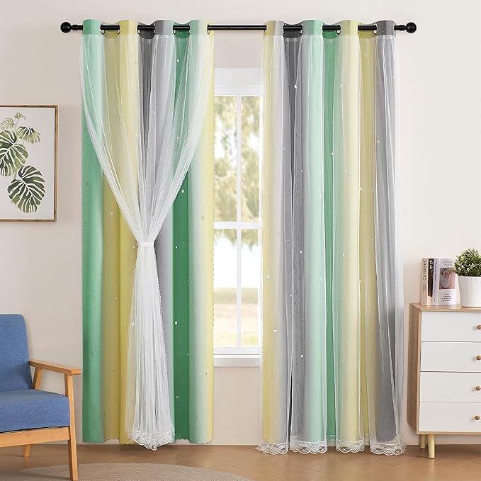 XiDi Yellow Curtains for Girls Bedroom Decor Short Blackout Curtains for Kids Room Rainbow Design for Girls Room Princess Unicorn Wall Decals Room Darkening Grey Green Yellow 34x45 Inches Long