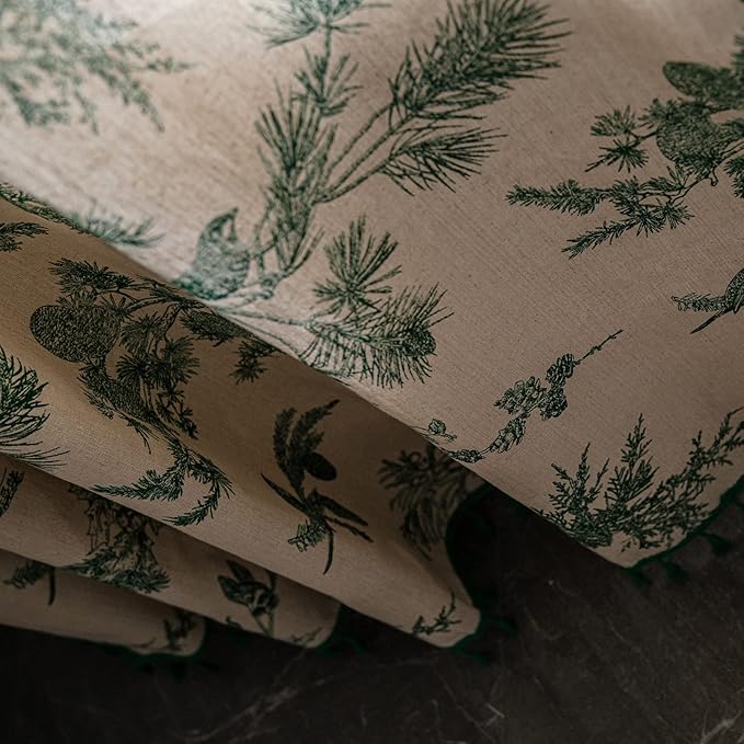 Bohemian Curtains with Tassel Green Semi-Blackout Drapes 63 Inch Length Cotton Linen Farmhouse Window Curtain Panels Floral Pattern Rod Pocket Room Darkening Curtain for Living Room Bedroom, 2 Panel