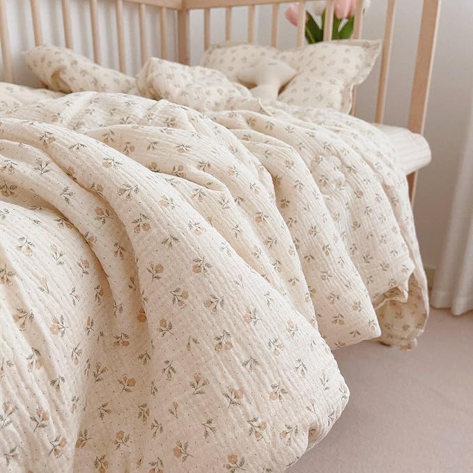 BuLuTu Kids Toddler Comforter Quilted 100% Cotton Toddler Blanket Vintage Floral Print Muslin Quilt for Child Teens Girls Boys, Soft Breathable, Sprout Pattern, 47x59 Inches