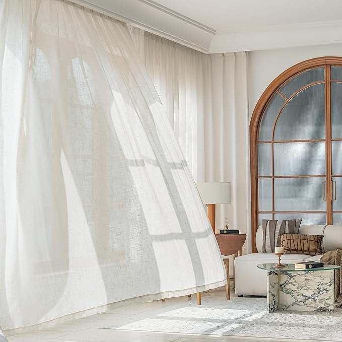 FMFUNCTEX Linen Semi Sheer Curtains 108 Inches Extra Long for Bedroom Living Room, Beige Curtain Panels Sheer Linen Textured Window Drapes Farmhouse Light Filtering Natural 2 Panels Rod Pocket