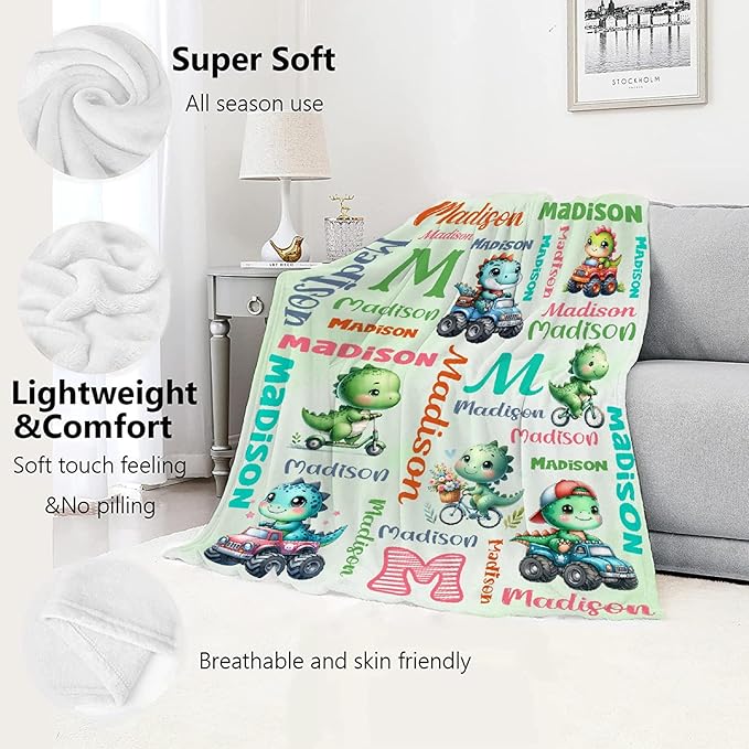 Personalized Dinosaur Truck Blanket Gifts for Girls Boys Women - Super Soft Cozy Warm Throw Sheet for Couch Bed Sofa Office Decor All Season 50"x60" for Teens