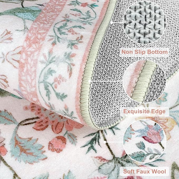 Floral Washable 6x9 Area Rugs for Living Room, Soft Pink Boho Girls Bedroom Rug Non-Slip Low Pile Flower Birds Dining Room Rug, Botanical Floor Carpet for Kids Classroom Office