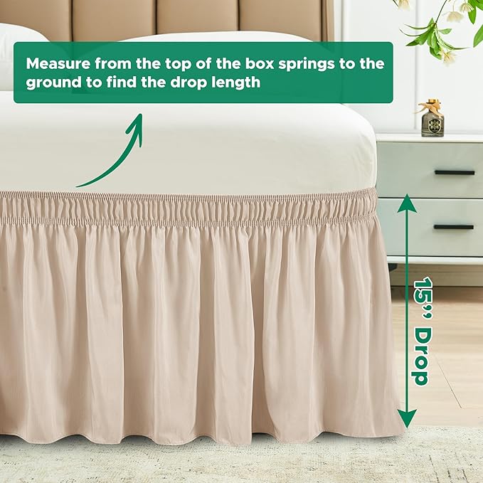 Biscaynebay Wrap Around Bed Skirts with Adjustable Belts for Twin & Twin XL Beds 15" Drop, Sand Elastic Dust Ruffles Easy Fit Wrinkle Resistant Silky Luxurious Fabric Machine Washable