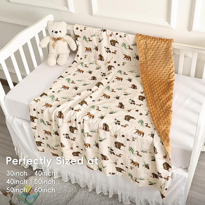 david's kids Muslin Minky Baby Blanket for Boys with Muslin Cotton Front and Dotted Fleece Backing, Breathable and Soft Lightweight Receiving Blanket for Newborns, 30x40 Inches, Woodland Animals