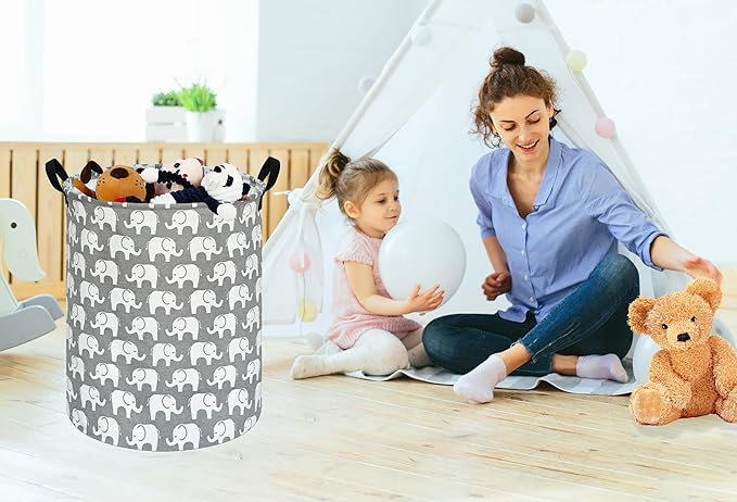 KUNRO Round Laundry Gift Basket Storage Hamper, Kids Toys and Clothes Storage Organizer Bins, Toy Shelf Basket with Handles for Room Decor (Elephant)
