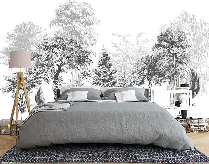 Black and White Oil Painting Forest Wall Mural Wallpaper for Bedroom 137" x 100"