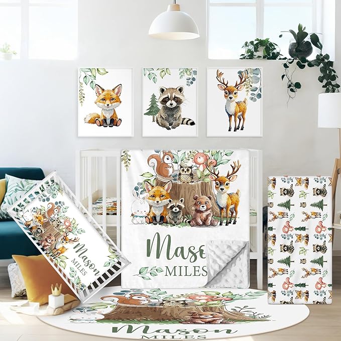 Personalized Woodland Animals Crib Bedding Set, 5 Pcs Custom Name Bedding Crib Set for Baby Boys Girls, Double Layer Nursery Bedding, Baby Crib Set Customized Gift for Toddler Infant Kids