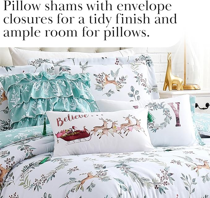 Southshore Fine Living, Inc. 5-Piece Oversized Christmas Comforter Set Twin XL, Reversible Twin Christmas Bedding, Holiday Bedding, Winter Comforter, 2 Shams, 2 Throw Pillows - Happy Holidays