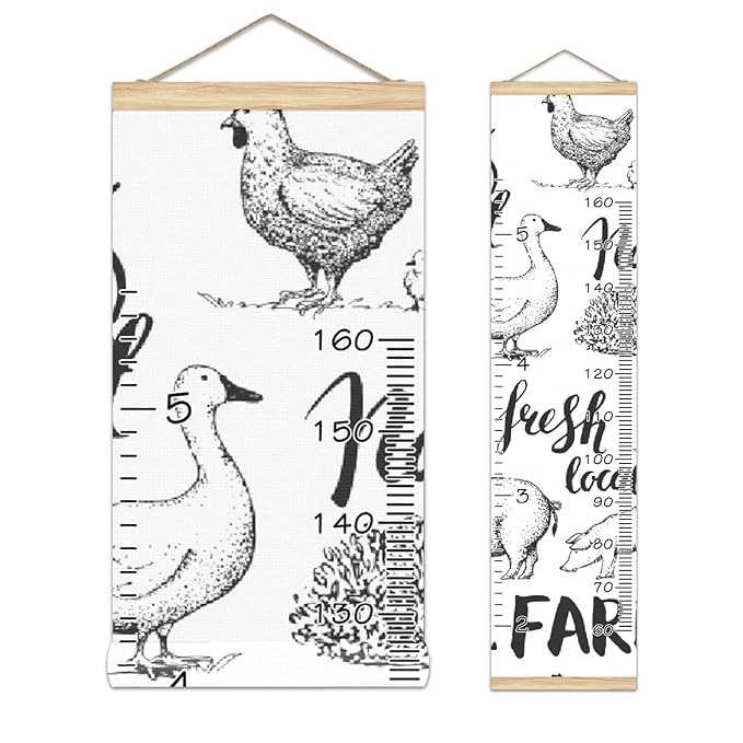 Personalized Kids Name Growth Chart Ruler for Wall Wood Frame Height Measure Chart 13.4x56 in Linen Hanging Height Growth Chart Farm Animal Cow Pig Rooster Kids Room Decor