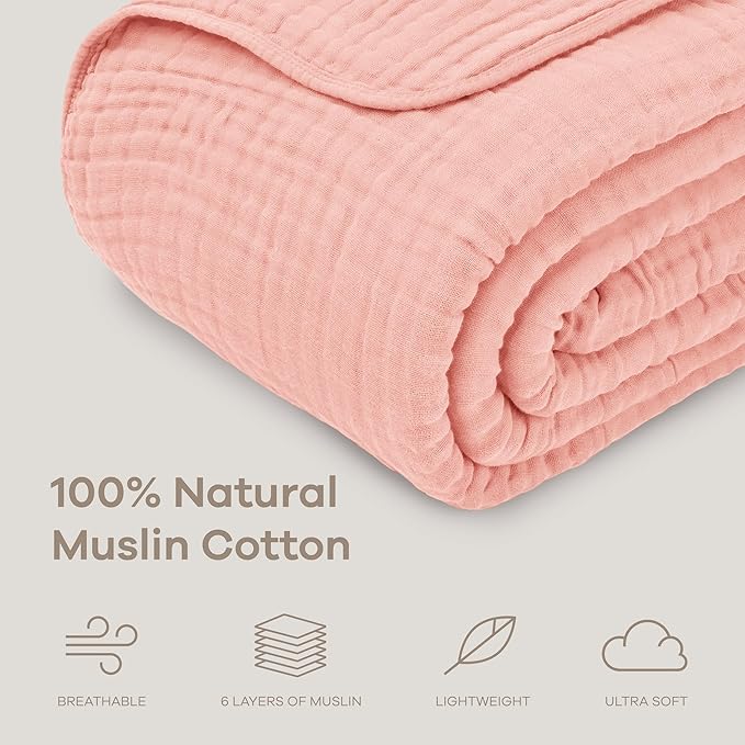 Comfy Cubs Muslin Blanket for Adults Twin 90" x 66" - 6 Layer Soft, Breathable & Lightweight Muslin Adult Blanket - Machine Washable & Designed in The US Bedding for All Seasons - Bold Blush