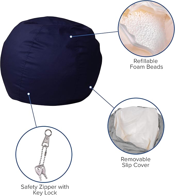 EMMA + OLIVER Small Solid Navy Blue Bean Bag Chair for Kids and Teens