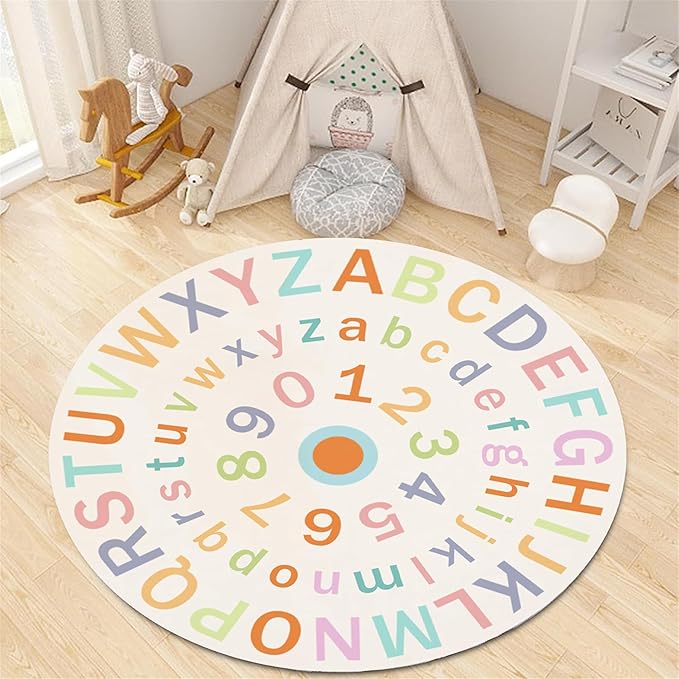 Children's Round Colorful ABC Rug,7ft,Soft Fluffy Alphabet Educational Rug, Non-Slip Washable Children's Crawling Game Rug Carpet for Boys Girls Bedroom Playroom Nursery Decoration