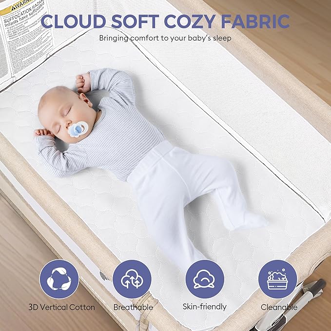 Baby Bassinet Bedside Sleeper, Upgraded Stability Bedside Crib with Full Mesh Sides, Soft Sheet, 6-Height Adjustment, Storage Basket, Easy Folding Portable Bassinet for Newborns, Beige
