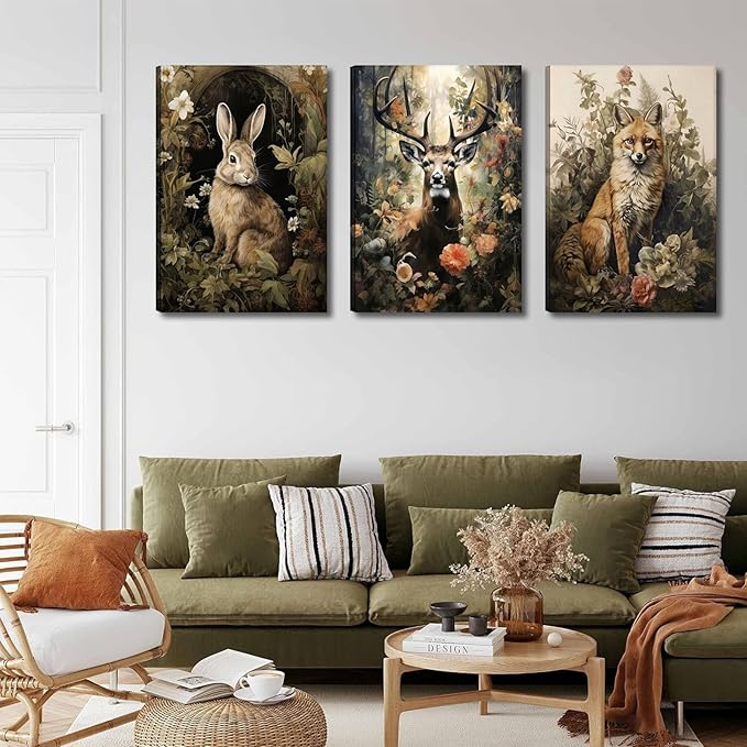 3pcs Vintage Forest Animal Canvas Wall Art Wild Animal Deer Rabbit Fox Paintings Pictures Dark Academia Wall Decor Gothic Botanical Posters Print Artwork for Living Room Office Decor 12x16in
