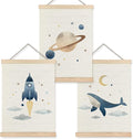 URLLUAE Space Whale Wall Art Posters for Kids Room, Outer Space Rocket Planet Poster Hanger Frame for Classroom Toddler Boys Room Nursery Playroom Wall Decor, 12x16 Inch Set of 3