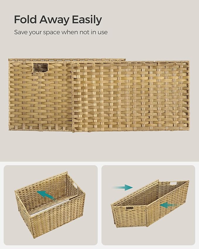 SONGMICS Storage Basket with Lid, 27.7 Gallon (105L) Storage Bin, Woven Blanket Storage Basket with Handles, Foldable, Removable Liner, Metal Frame, for Bedroom, Laundry Room, Natural URST066N01