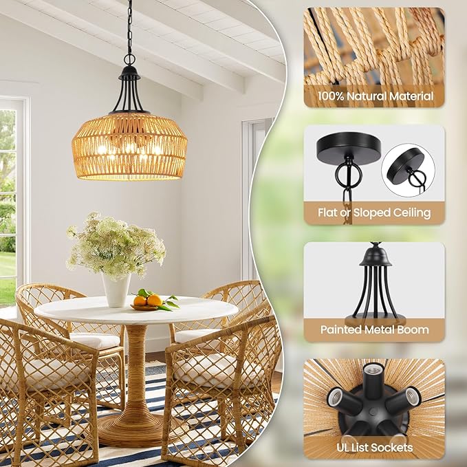 18.5'' Rattan Chandeliers for Dining Room, 5-Light Boho Pendant Light, Hand Woven Lampshade for Kitchen Island, Bedroom, Living Room, Height Adjustable