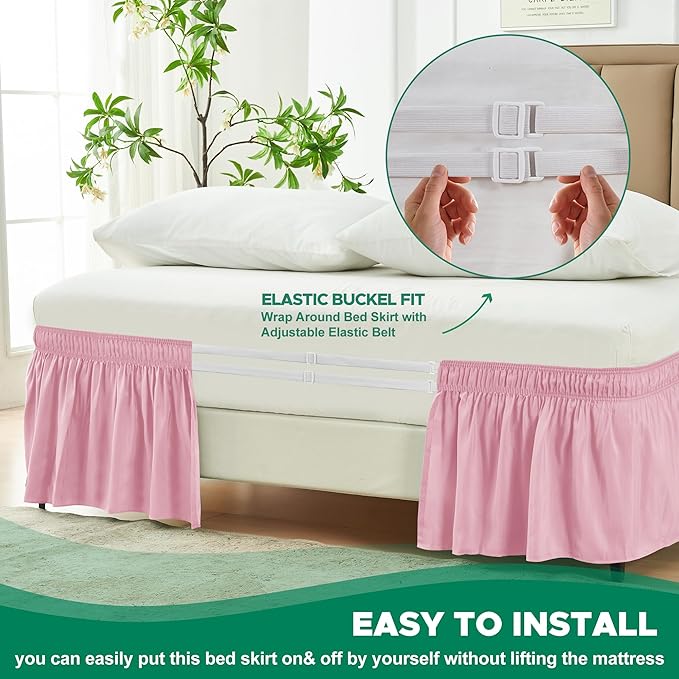 Biscaynebay Wrap Around Bed Skirts for King & Cal King Beds 15" Drop, Pink Adjustable Elastic Dust Ruffles Easy Fit Wrinkle & Fade Resistant Silky Luxurious Fabric Machine Washable
