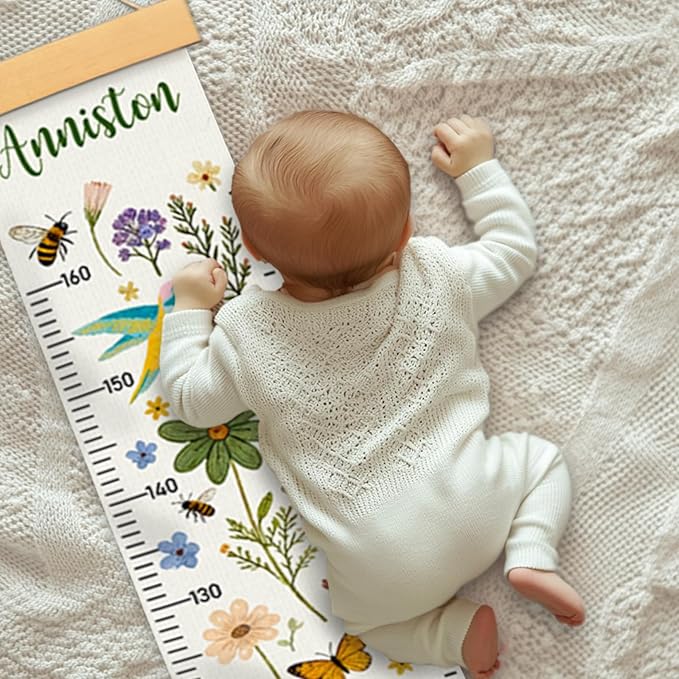 Personalized Name Height Chart for Kids, Kids Growth Chart for Wall, 59" X 7.9" Canvas Removable Height Chart Measuring Ruler for Kids & Baby(Painted Birds and Flowers）
