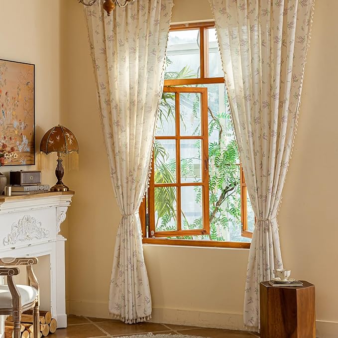 ENJOYBRIDAL Purple Floral 96 Inch Curtains for Living Room Decor Drapes Semi Sheer Bedroom Rod Pocket Long Window Curtains 2 Panels Tassel Aesthetic Farmhouse Cute Boho Window Treatments