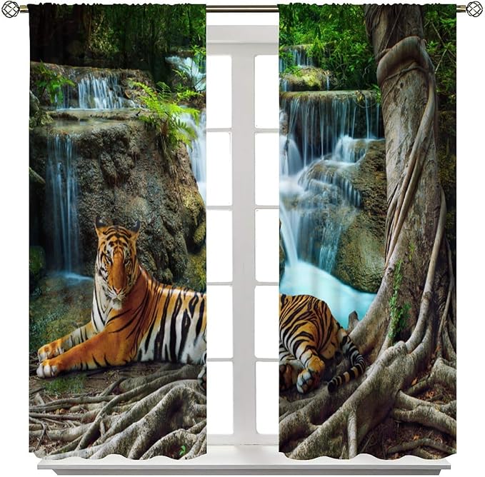 Waterfall Landscape Blackout Curtains, Spring Forest Animal Tiger Tree Waterfall Nature Window Drapes, for Bedroom Living Room 42" W X 45" L