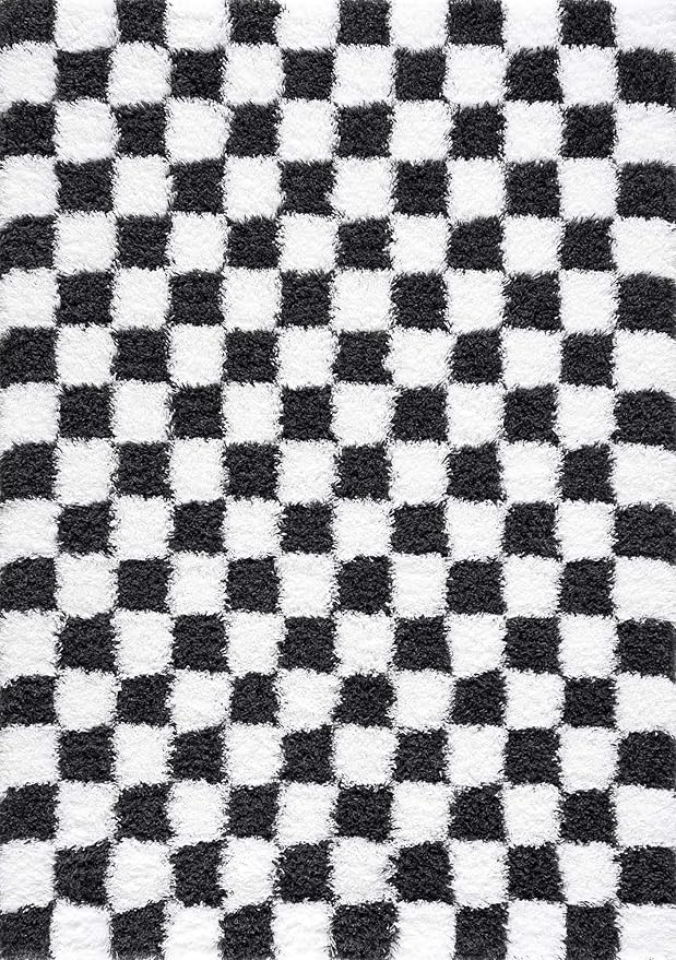 BoutiqueRugs Atira Black and White Checkered Shag Runner Rug - Modern Checkered Shag - High Pile Fluffy Shaggy Carpet for Hallway, Kids Room - White, Black - 2'7" x 10' (2x10)