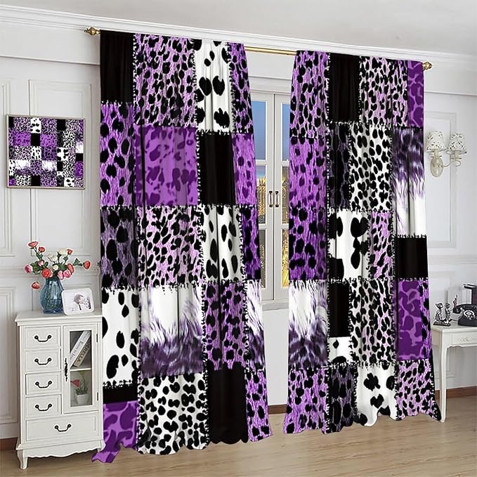 Brown Leopard Curtain, Purple Patchwork Cheetah Panthera Zebra Giraffe Print Safari Wildlife African Wild Animal Skin Window Curtains for Living Room Bedroom 72" W X 63" L