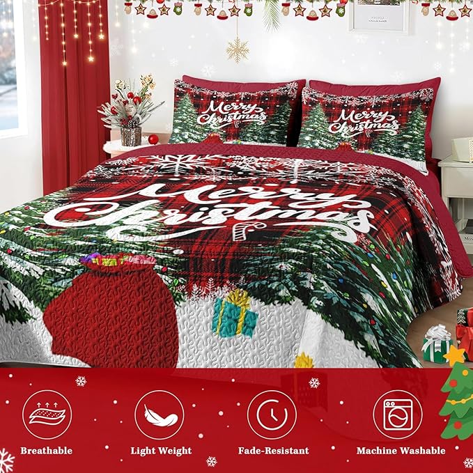 Christmas Full/Queen Size Quilt Set, Green Cartoon Trees Lightweight Bedspread Coverlet with Pillow Shams for Kids and Adults, Black Red Plaid 3 Pcs Bedding Bed Cover