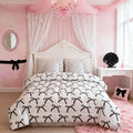 Manfei 7 Pieces Cartoon Bowknot Kids Comforter Full Size,Bow Tie Geometric Patchwork Modern Girls Bedding Set,Bow Butterfly Knot Black White（Comforter+Fitted+Flat+2 Pillowcases+2 Throw Pillow Covers）