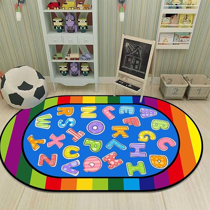 Colorful Cartoon Kid Area Rug, 6x8ft, ABC Alphabet Educational Learning Oval Rug, Rainbow Stripe Border Rug, Non-Slip Indoor Playmat, Children's Gift for Playroom, Bedroom and Nursery