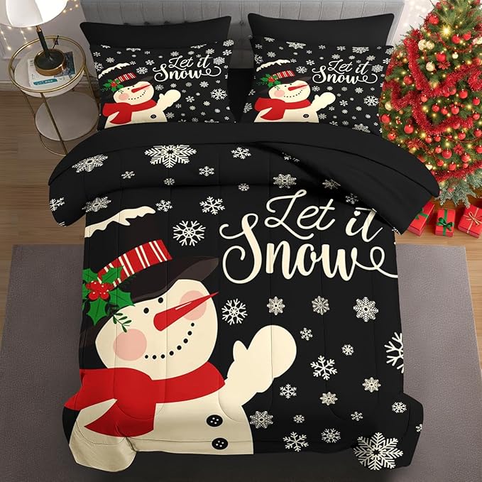 5 Pcs Twin Size Christmas Comforter Set with Pillowcase & Sham, Black Cartoon Snowman Bedding for Kids and Adults, Retro Snow Scene Bed in a Bag with Flat Fitted Sheet