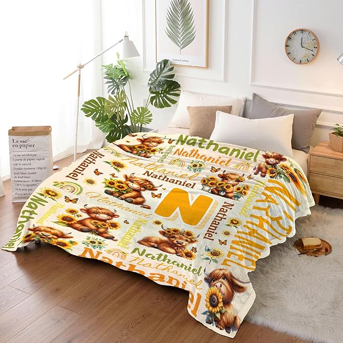 Personalized Custom Sunflower Highland Cow Preschool Blanket Gifts for Baby Toddler Kids Boys Girls Children - Customized Sunflower Highland Cow Super Soft Flannel Sheets 40"x50" Decor for Nap Couch