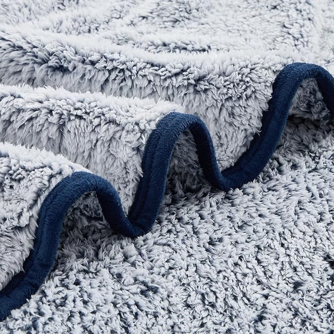 EMME Soft Sherpa Fleece Blanket Reversible Plush Fluffy Large Blanket, Light Weight Warm Decorative Boho Blanket Cover for Sofa, Couch, Bedroom,Travel(Plush Navy,60"x80")