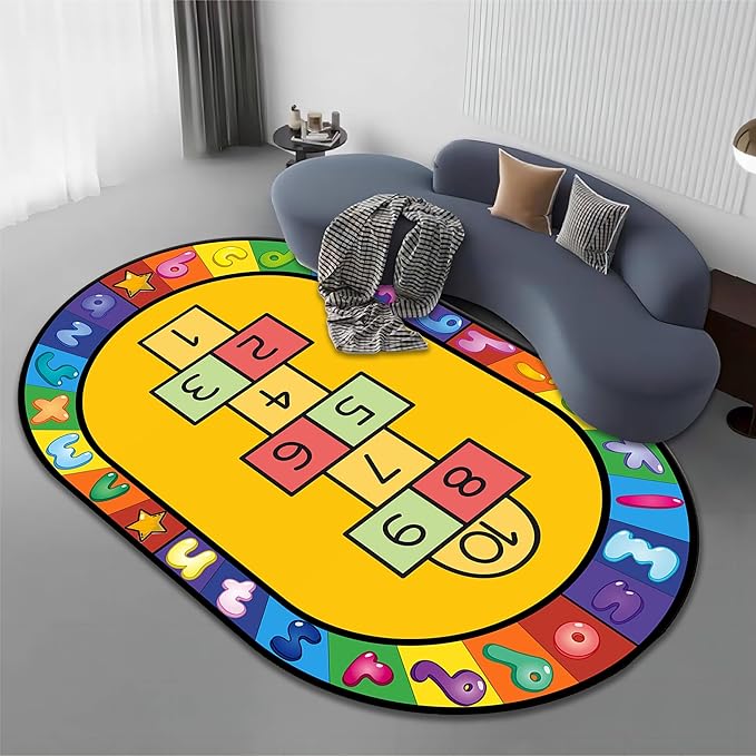 Kids Hopscotch Area Rug, 5x6ft, Playmat for Boys & Girls, Alphabets and Numbers Educational Learning & Fun Game Oval Rug, Soft Non-Slip Machine Washable Rug for Playroom Classroom Nursery