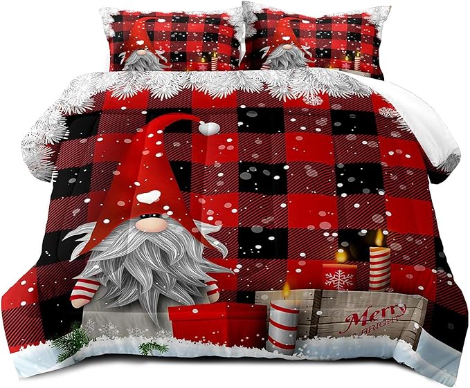 LUVIVIHOME 2PCS Merry Christmas Comforter Set Twin Size, Funny Gnome Bedding, Red and Black Plaid Winter Snowflake Christmas Bedroom Decor for Kids Boys Girls Teens Toddler, Xmas Gifts, 1 Pillow Sham