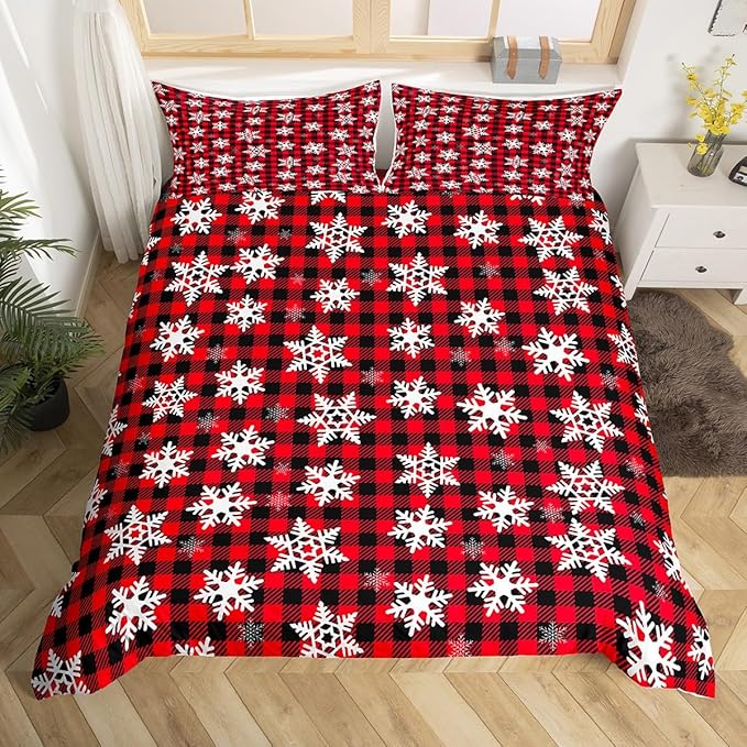 Christmas Kids Bedding Set Snowflake Xmas Theme Bedding Duvet Cover Set for Boys Girls Red Black Buffalo Check Decor Comforter Cover Set New Year Bedspread Cover Bedroom Quilt Cover 2Pcs Twin Size